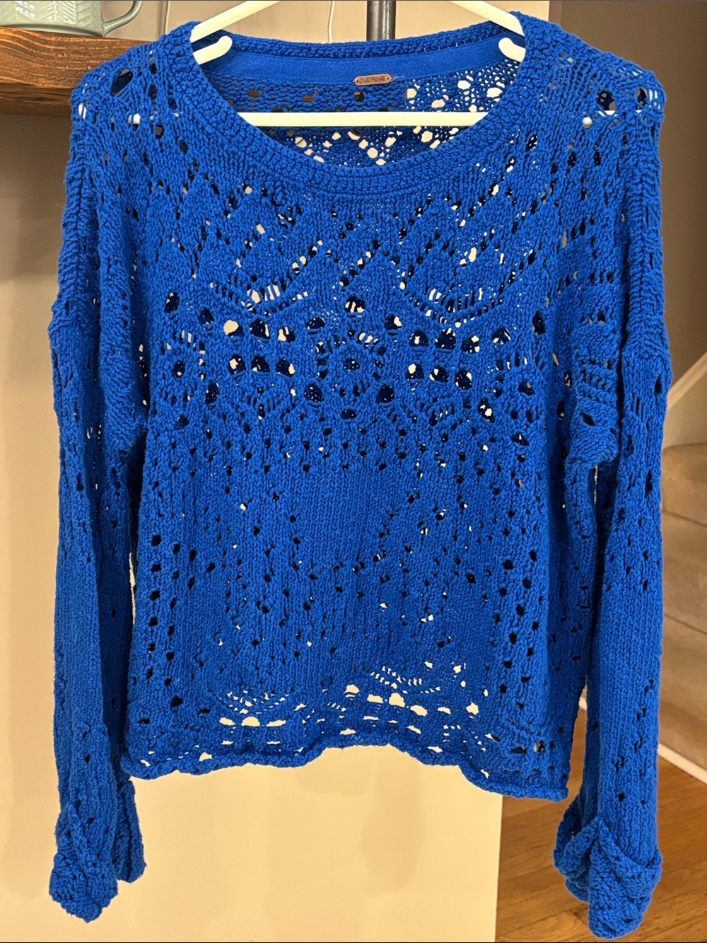 Free People Blue Open Knit Crochet Cotton Sweater XXS Boho